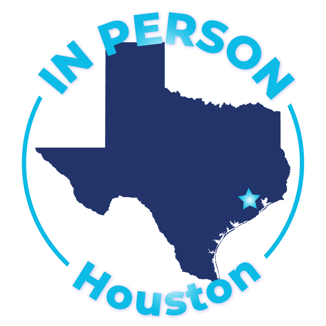 Graphic art of a navy-blue silhouette of the State of Texas with a blue circle art and “In Person Houston” text surrounding it