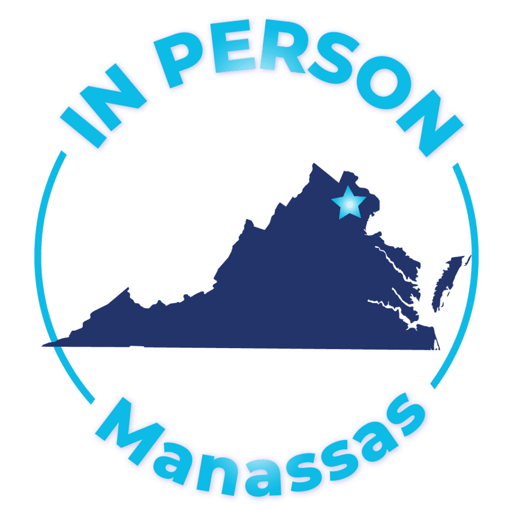 Graphic art of a navy-blue silhouette of the State of Texas with a blue circle art and “In Person Manassas” text surrounding it