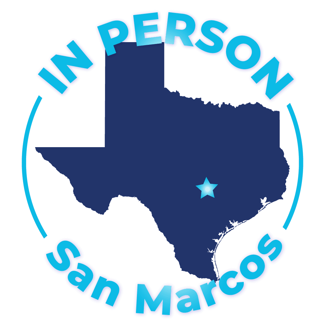 Graphic art of a navy-blue silhouette of the State of Texas with a blue circle art and “In Person San Marcos” text surrounding it