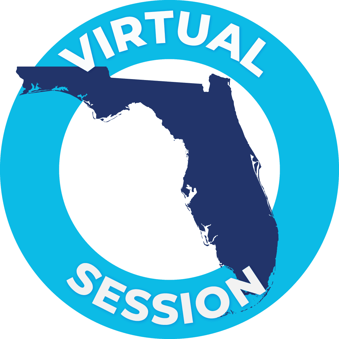 Baby blue circle with the words “Virtual Session” inside it and a navy blue shape of the state of Florida in the middle of it