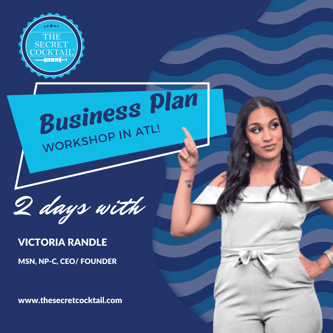 Promotional poster for a Business Plan Workshop in Atlanta featuring Victoria Randle posing quirky