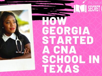 Pink promotional poster about how Georgia started a CAN school in Texas